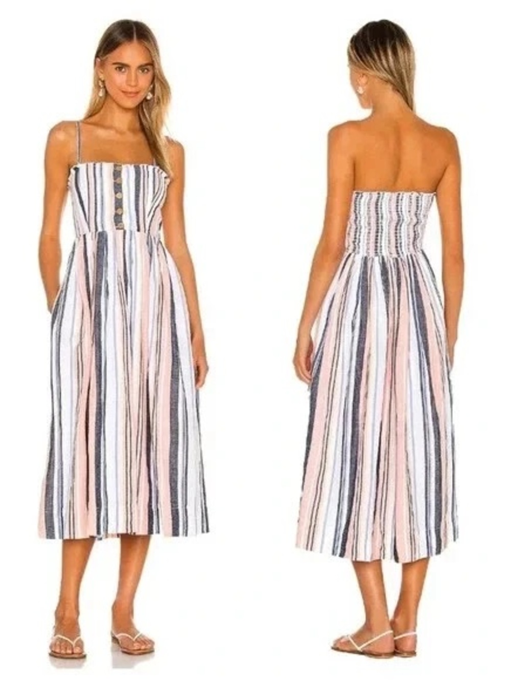Free People Striped Midi Dress in White, Pink & Navy
